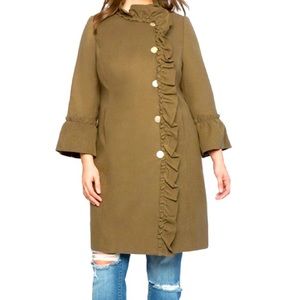 ELOQUII Ruffle Placket coat in Army green color
